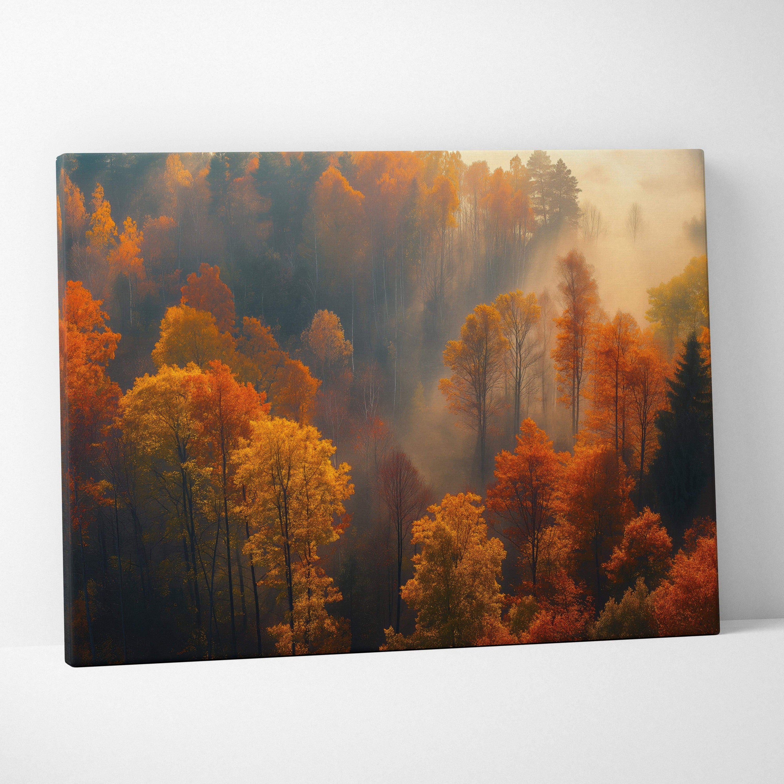 Autumn forest landscape with golden trees and mist on vibrant canvas wall art.
