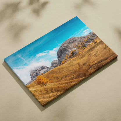 Autumn nature canvas art with vibrant golden leaves and rocky forest landscape wall art.