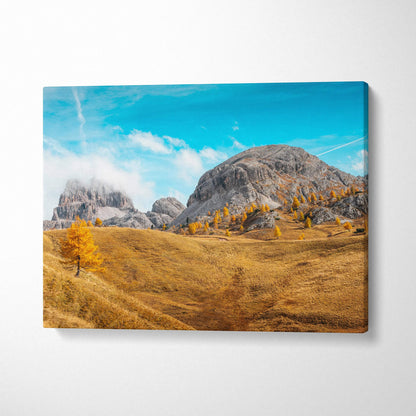 Autumn landscape canvas art with golden leaves and rocky mountain under blue sky wall art.
