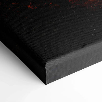 Corner close-up of black textured canvas art with subtle red highlights, wall art detail.