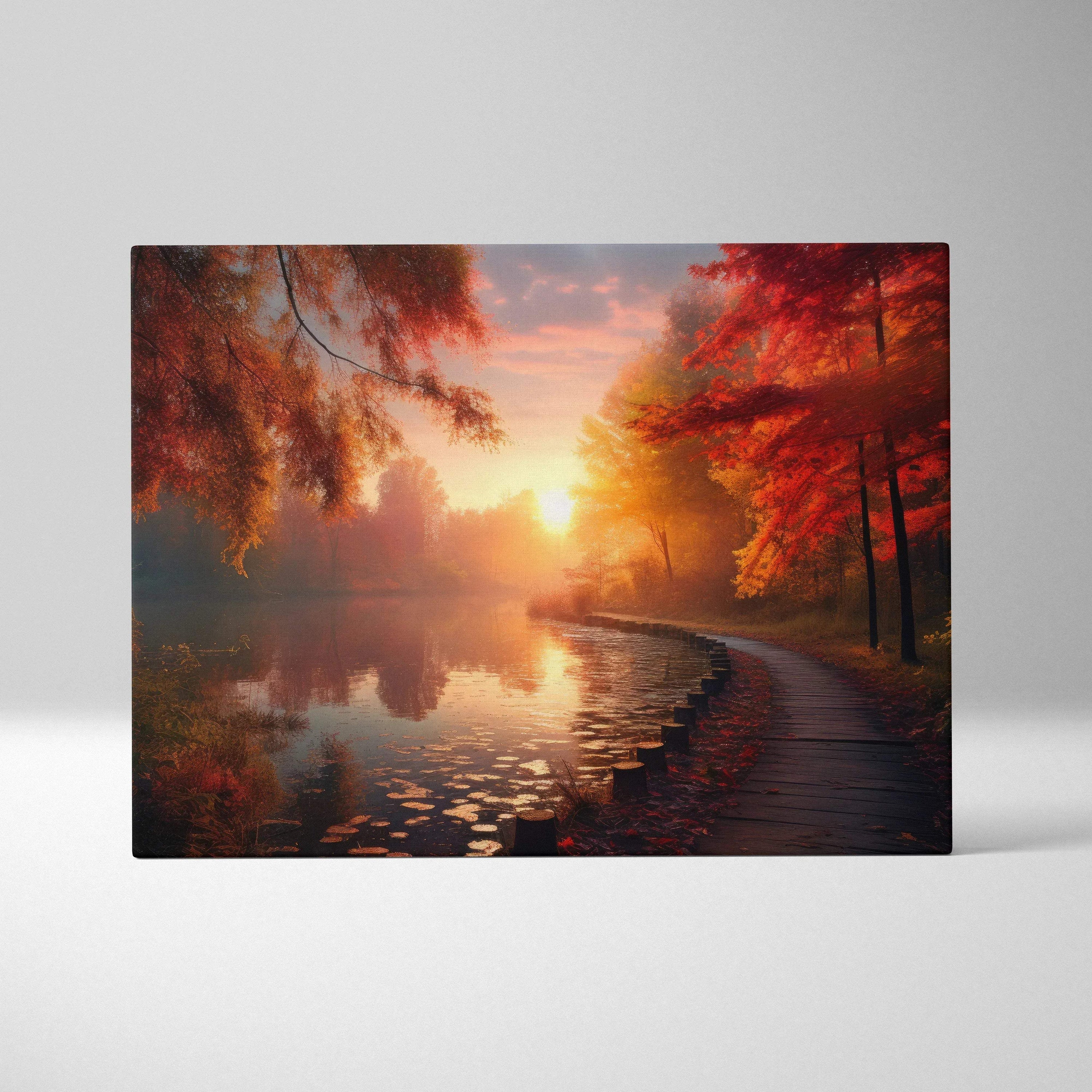 Autumn sunset canvas art with golden leaves, fiery sky, and serene riverside path wall art.