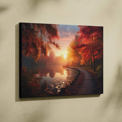 Canvas wall art featuring a vibrant autumn sunset with golden leaves and fiery sky over a serene lakeside path.