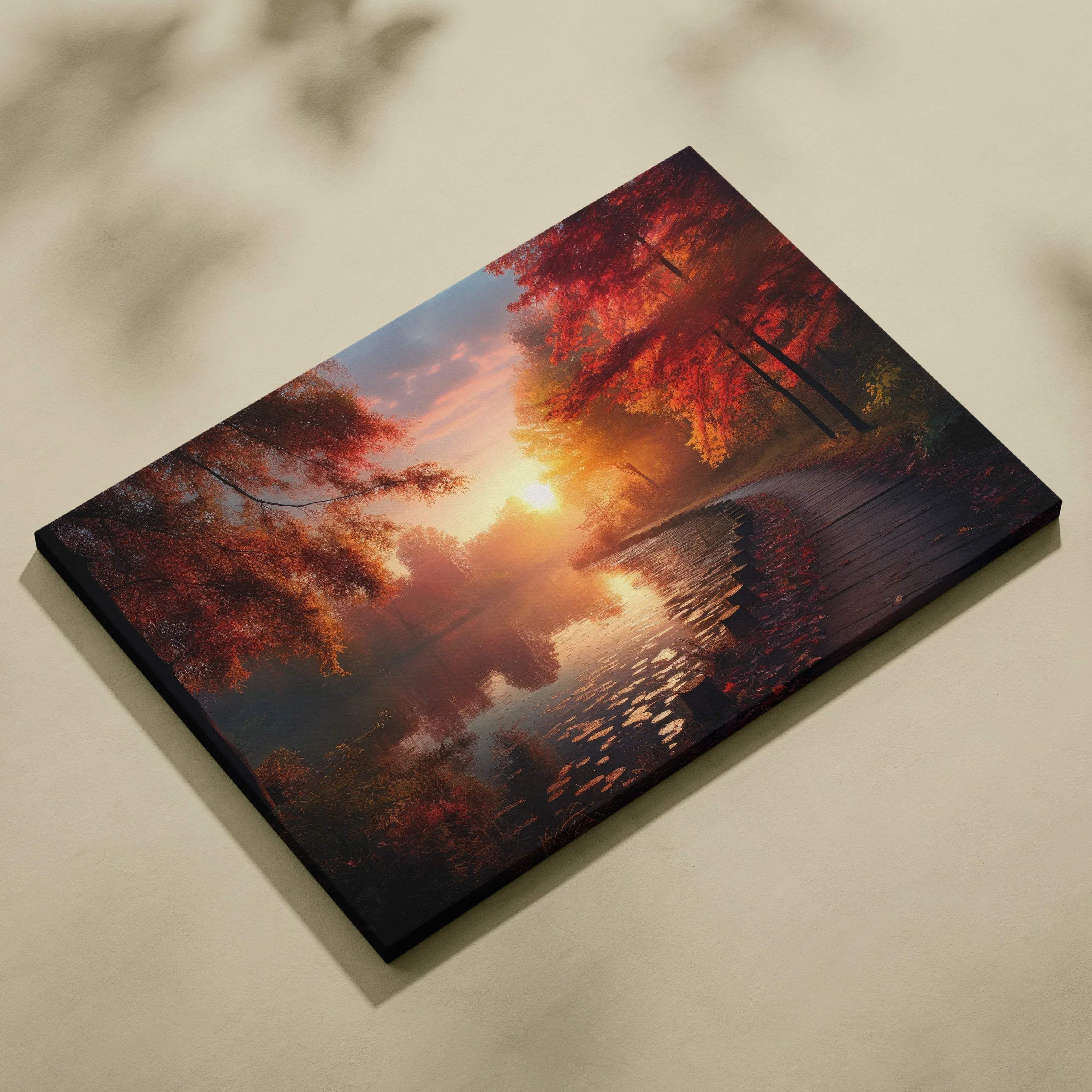 Canvas wall art featuring vibrant autumn sunset with golden leaves and fiery sky over a reflective river.