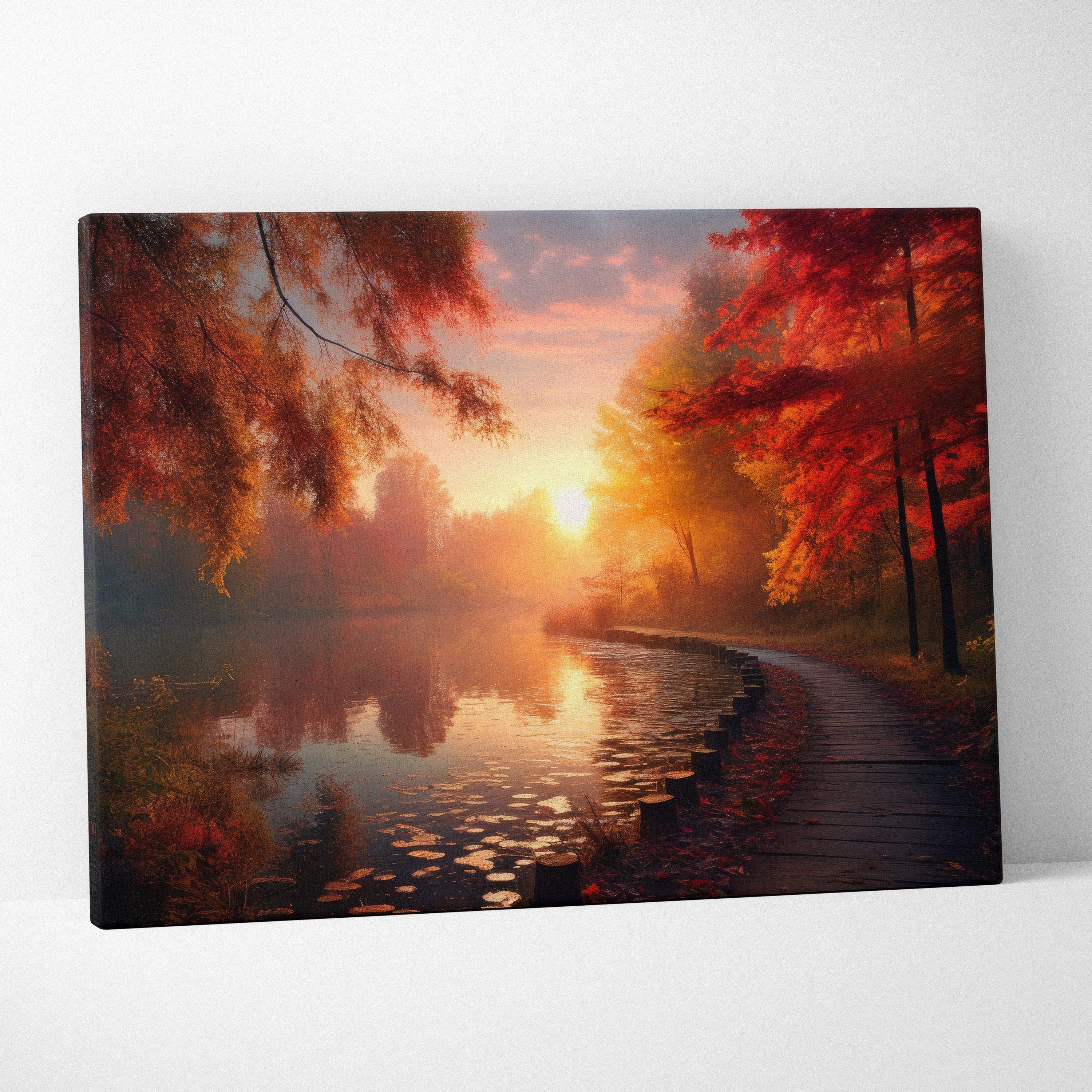 Canvas art featuring a fiery autumn sunset over a calm lake with golden and red leaves and a wooden pathway, vibrant wall.