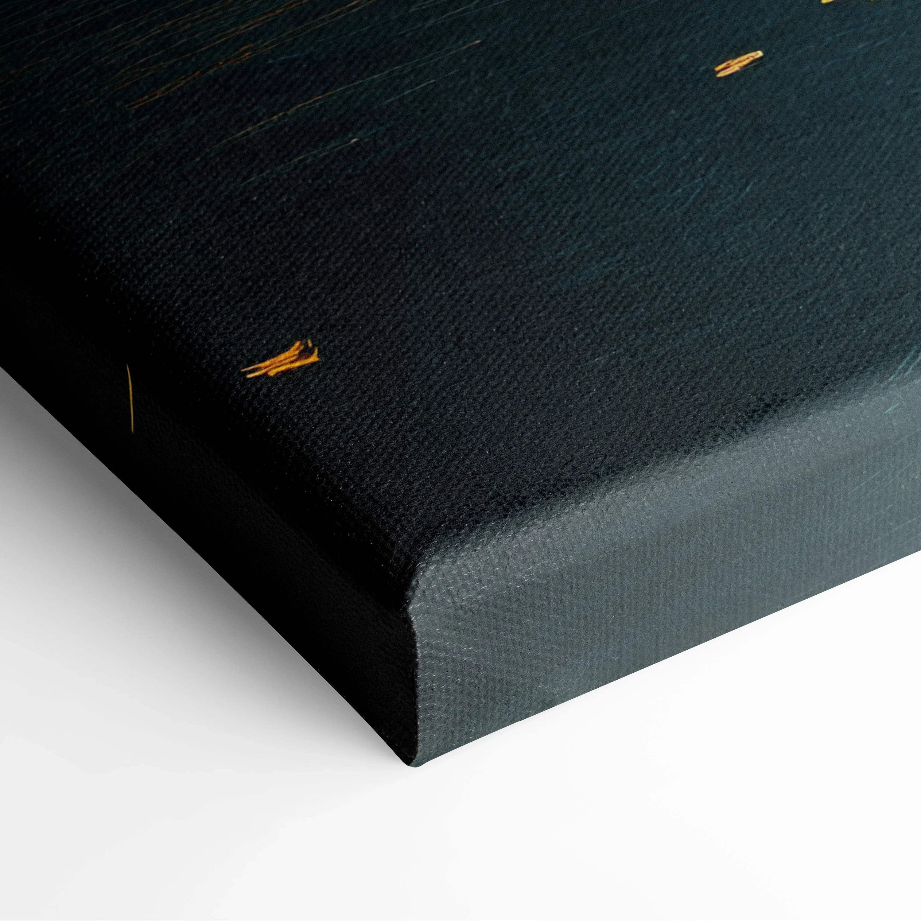 Close-up of digital canvas art print corner with dark background and subtle golden autumn leaves, textured wall art.