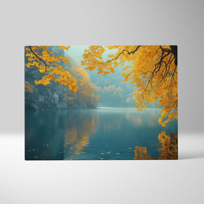 Canvas art of serene lake reflecting golden autumn leaves and misty forest for wall art decor.