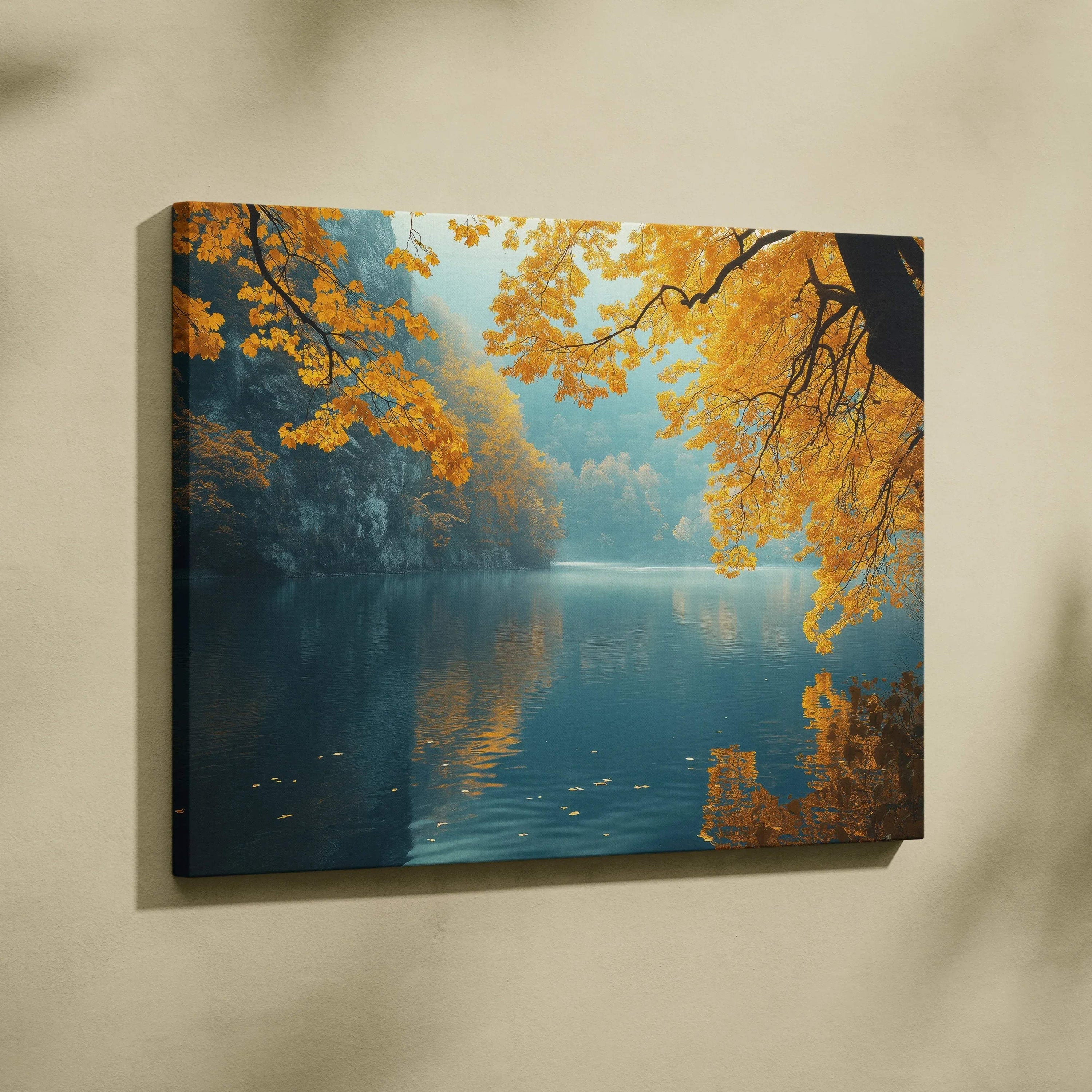 Autumn nature canvas art with golden leaves over calm river reflecting trees, wall art decor.