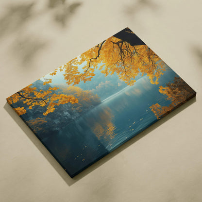 Canvas wall art featuring golden autumn leaves over a serene forest lake in soft light.