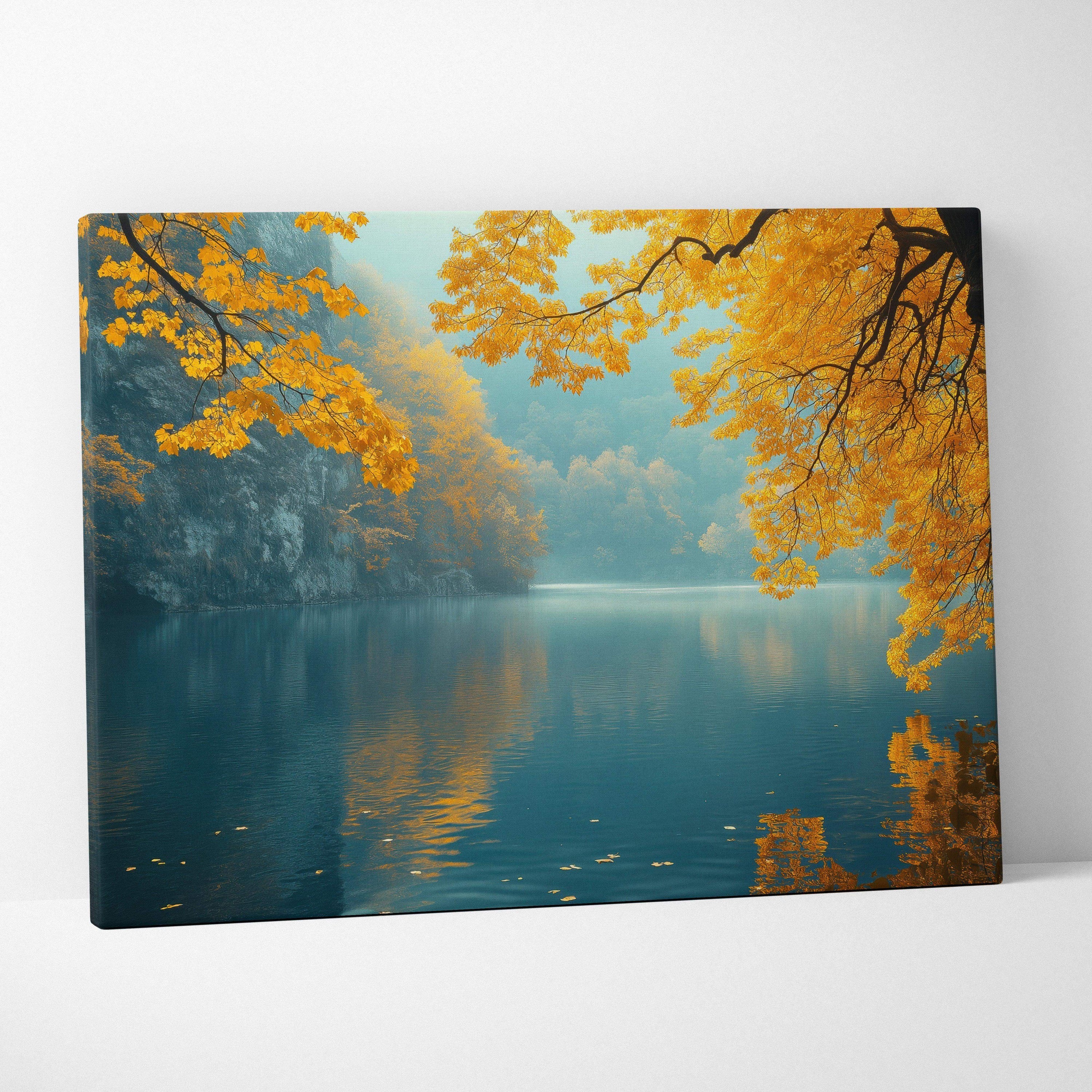 Autumn nature canvas art with golden leaves over calm forest lake, serene wall art print.