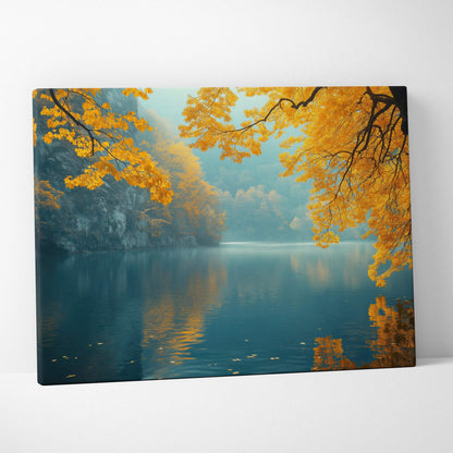 Autumn nature canvas art with golden leaves over calm forest lake, serene wall art print.