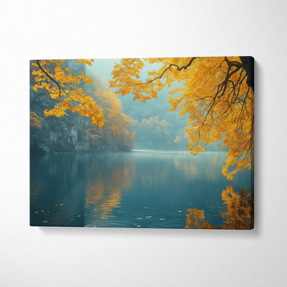 Autumn nature canvas art with golden leaves over calm blue river, serene landscape wall art.
