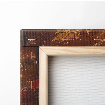 Close-up of autumn waterfall canvas art corner with wooden frame and visible stapled edges on wall art canvas.