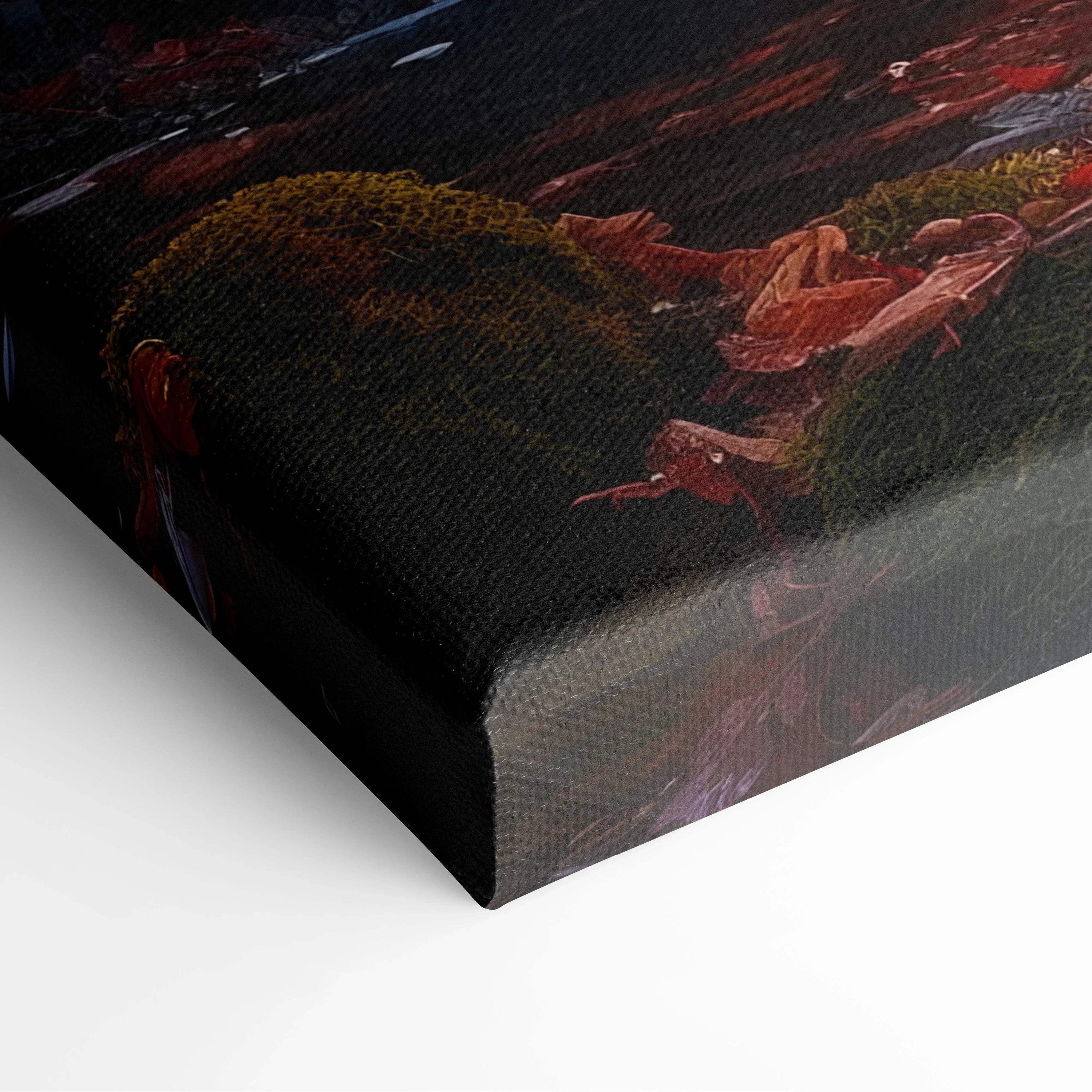 Autumn waterfall sunset digital art on textured canvas wall art corner close-up.