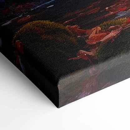 Autumn waterfall sunset digital art on textured canvas wall art corner close-up.