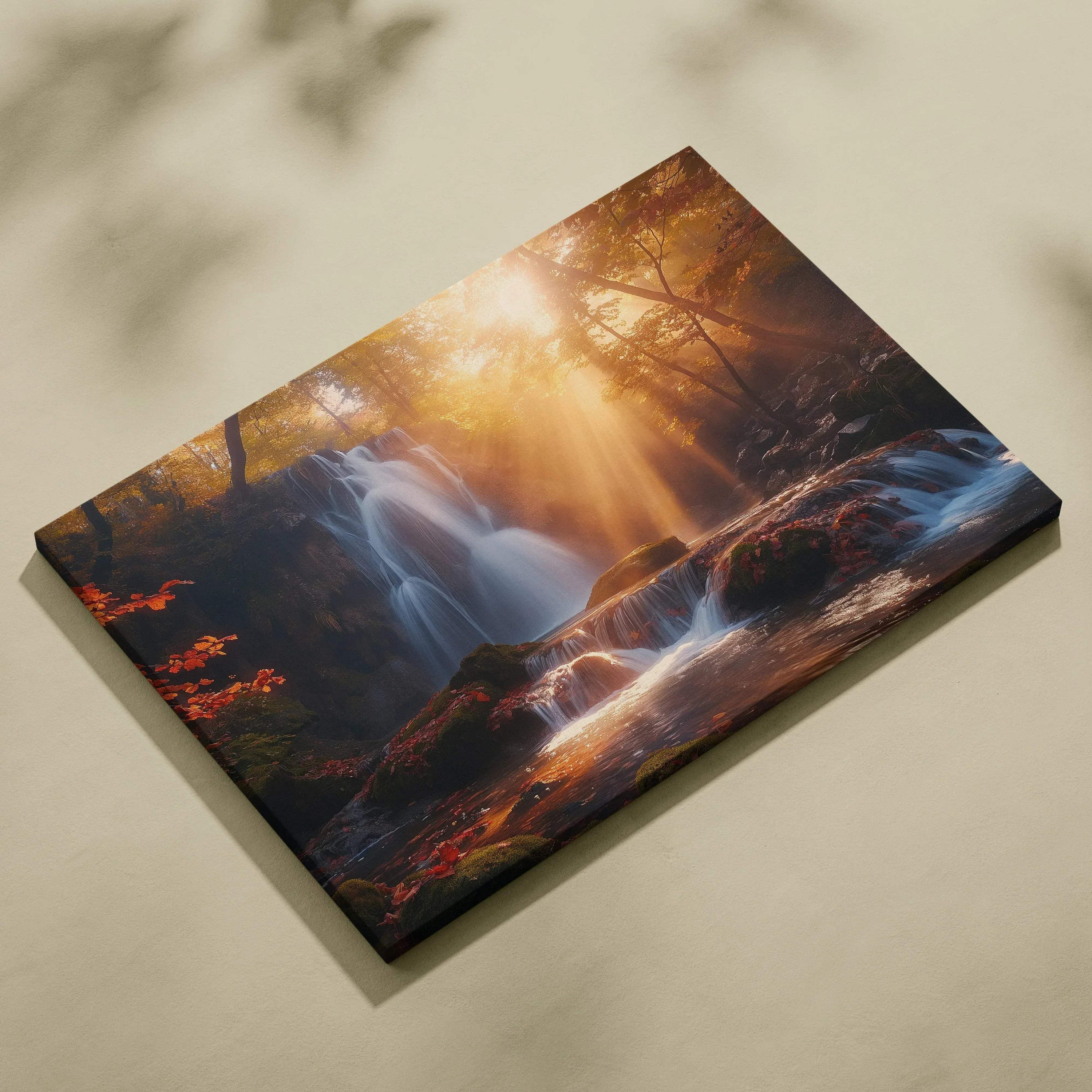 Autumn waterfall sunset scene on vibrant canvas wall art with warm golden light rays.