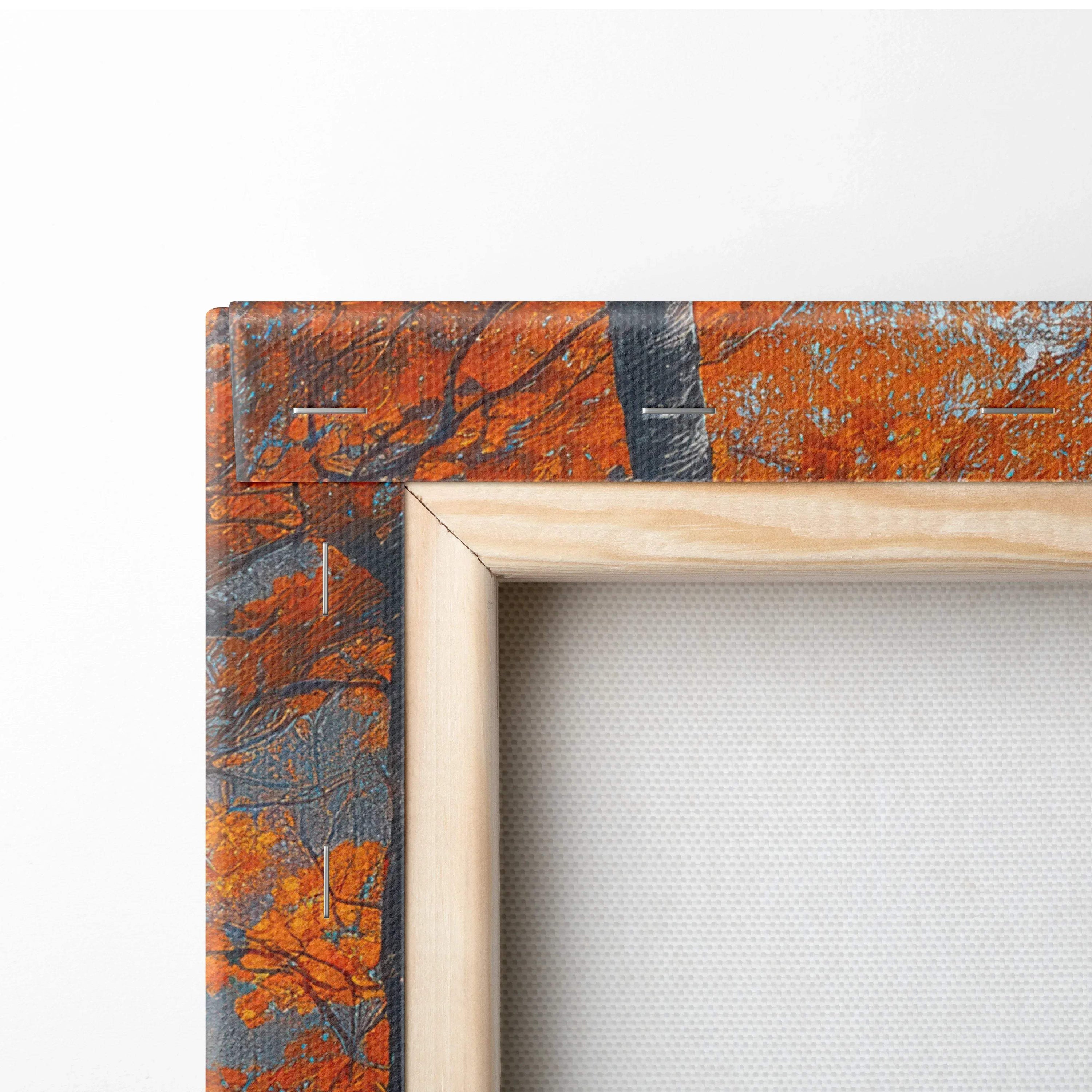 Close-up of autumn forest canvas art with vibrant orange leaves and natural wood frame.
