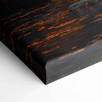 Canvas art wall print with dark textured wood grain and subtle orange highlights.