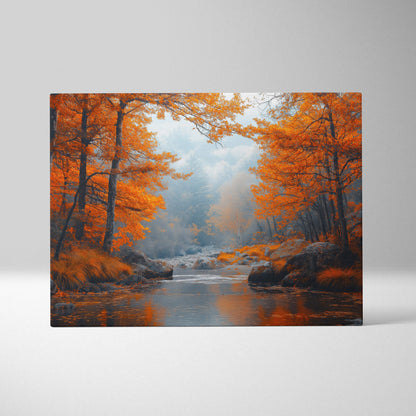 Autumn forest canvas art with vibrant orange leaves and a reflective river wall art.