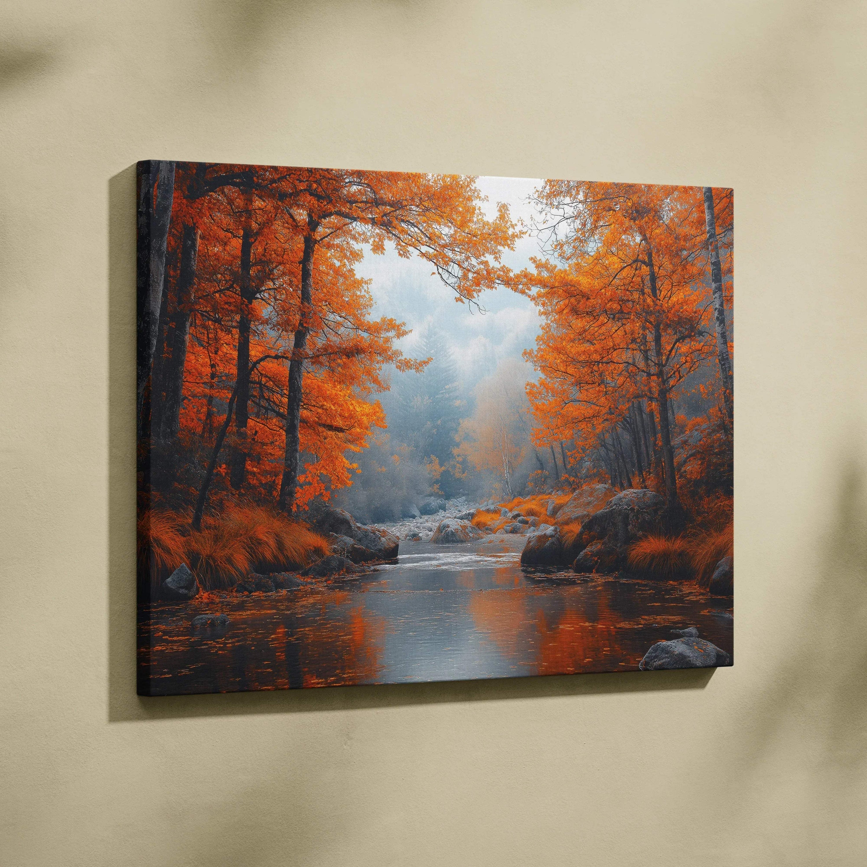 Autumn forest landscape with vibrant orange leaves over calm river, nature canvas wall art.