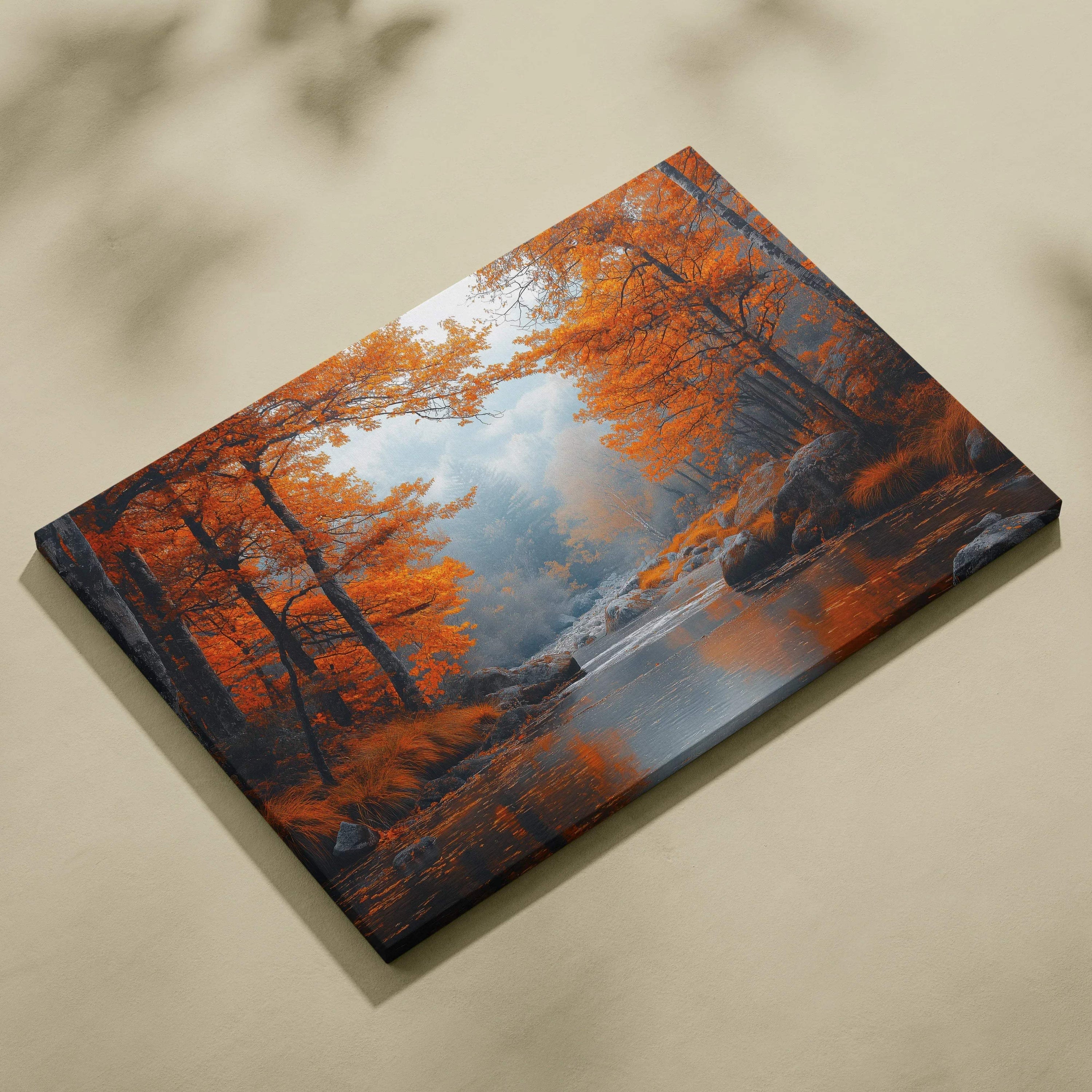 Autumn forest landscape with vibrant orange leaves and misty river printed on canvas wall art.