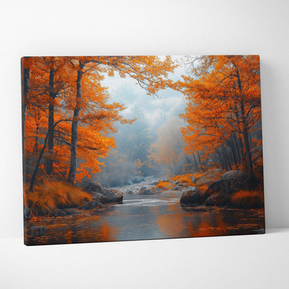 Autumn forest canvas art with vibrant orange leaves above a calm river, digital wall art print.