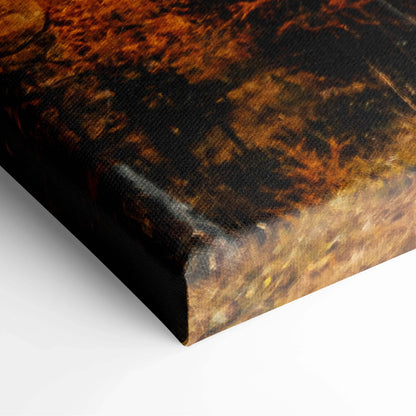 Close-up of autumn nature canvas art with vivid golden leaves and winding roads on wall art print.