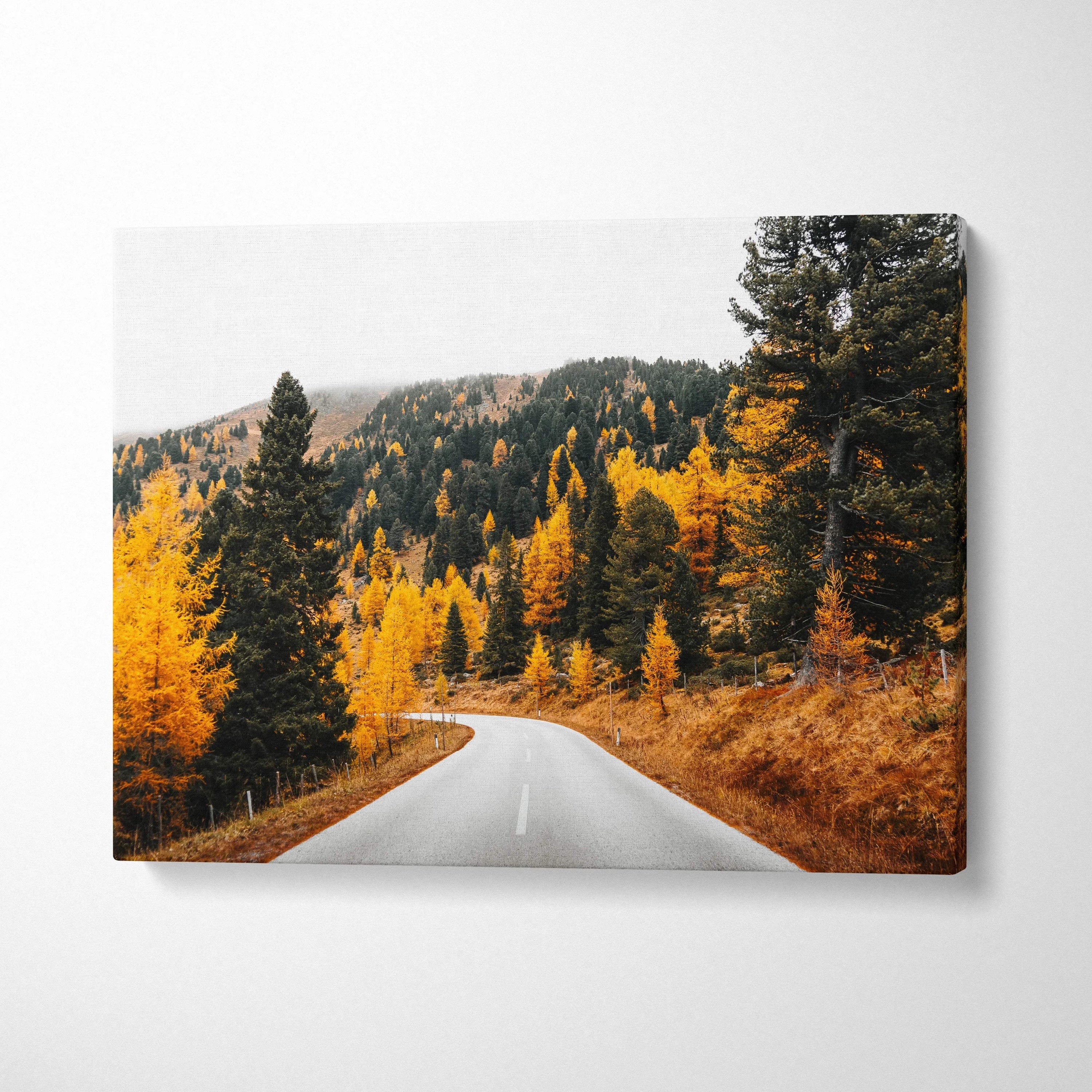 Autumn winding road through vibrant golden trees on nature canvas wall art.