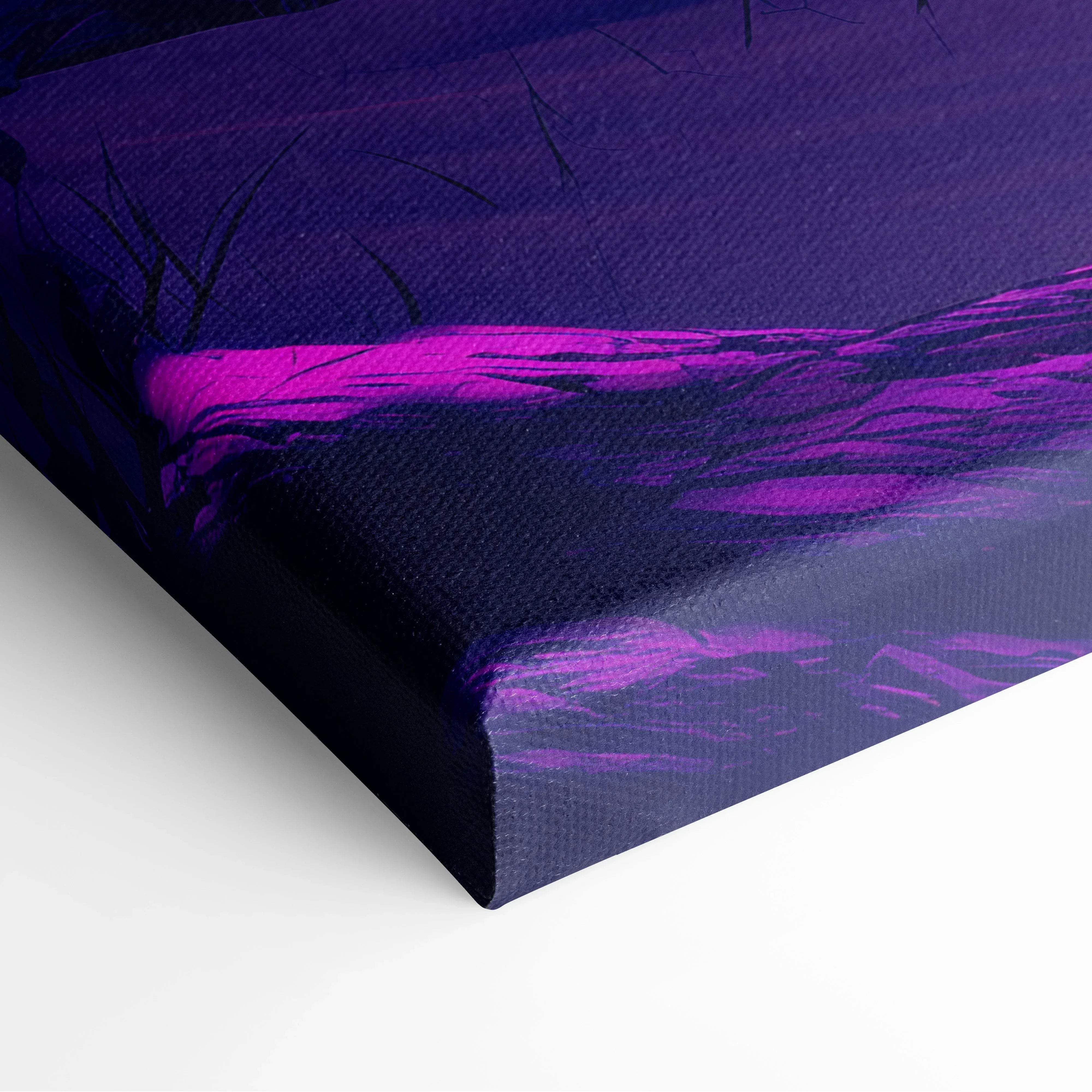 Purple magenta abstract tropical sunset canvas wall art with dreamy palm trees