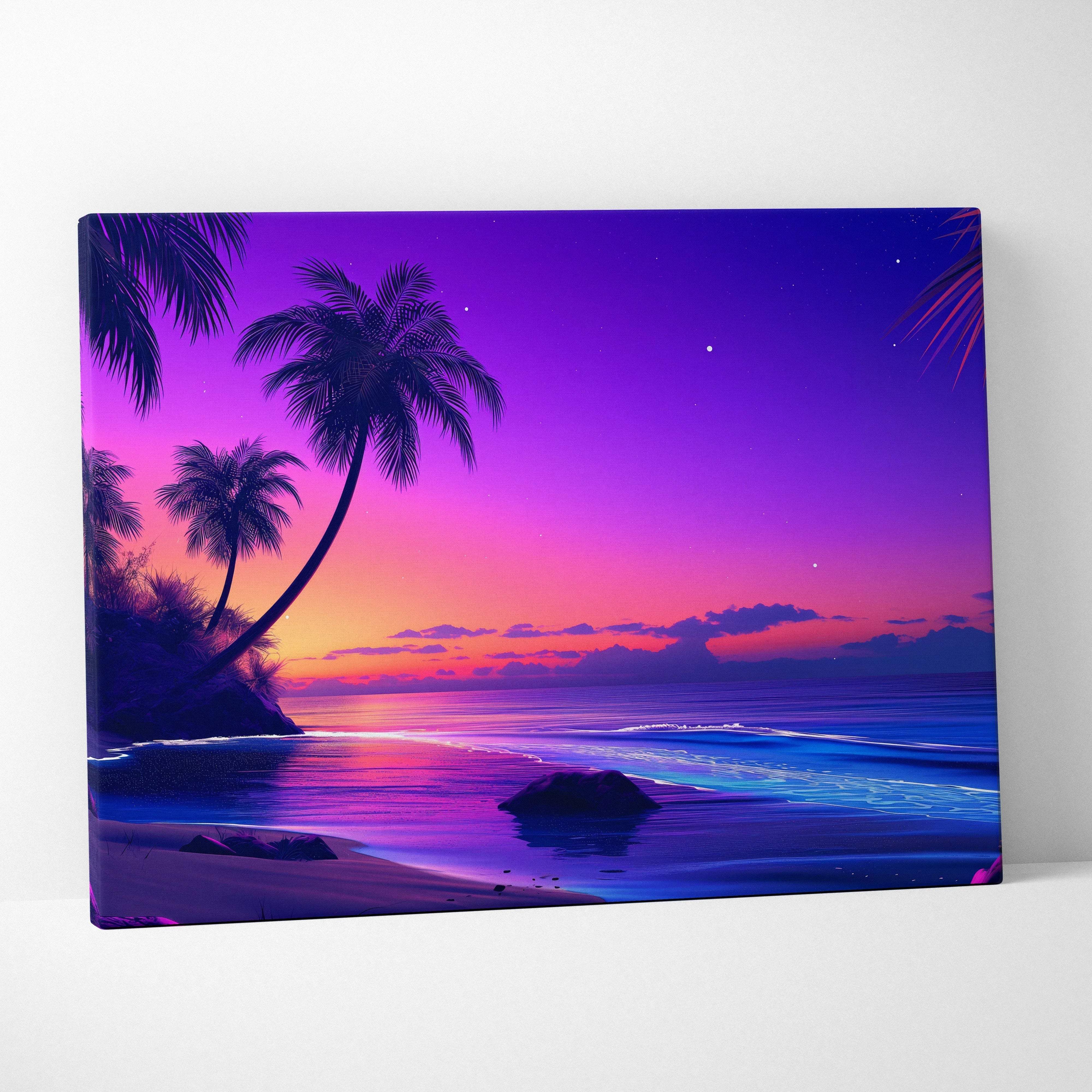 Vibrant neon beach sunset canvas with silhouetted palm trees, purple pink orange sky