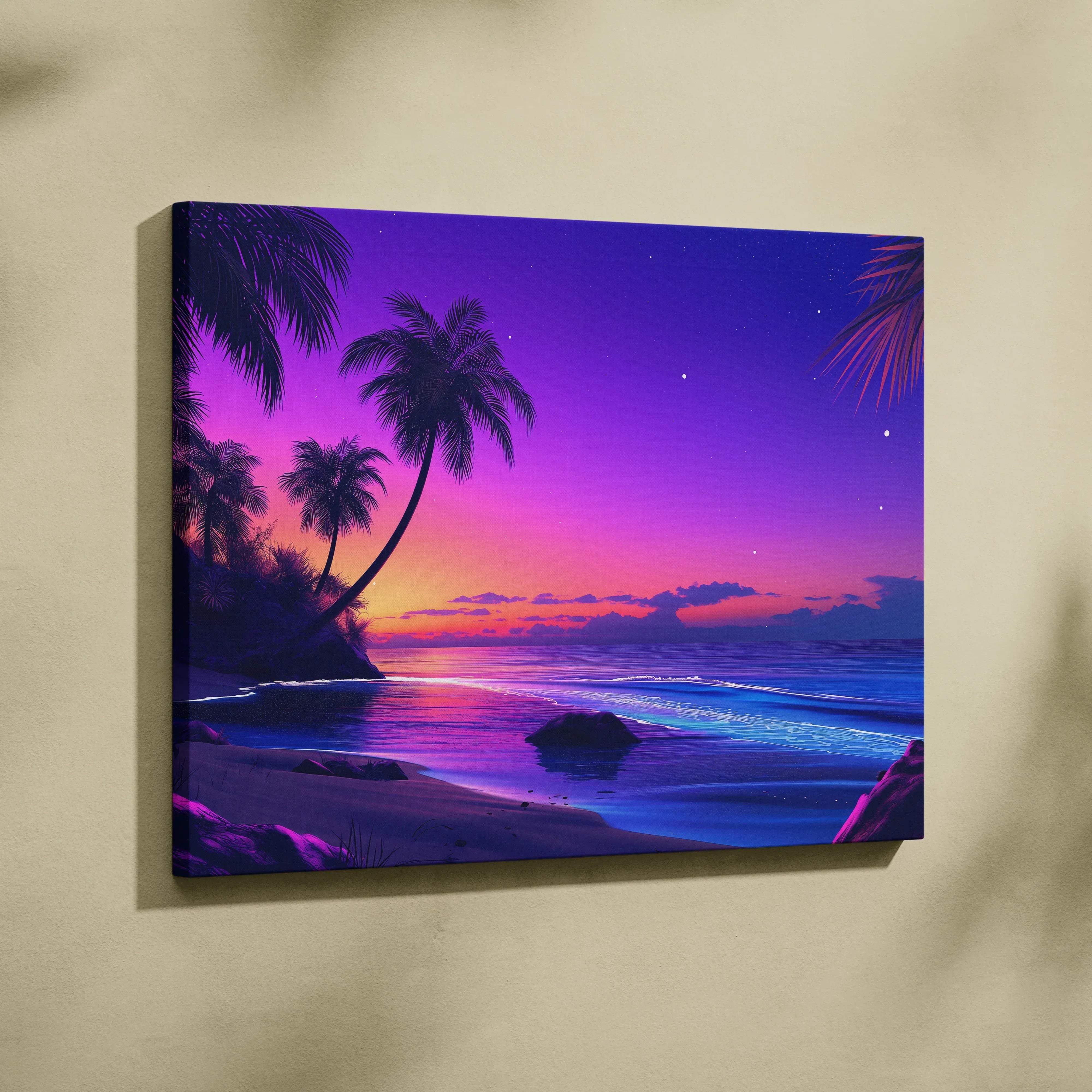 Vibrant neon purple pink sunset beach canvas print with silhouetted palm trees