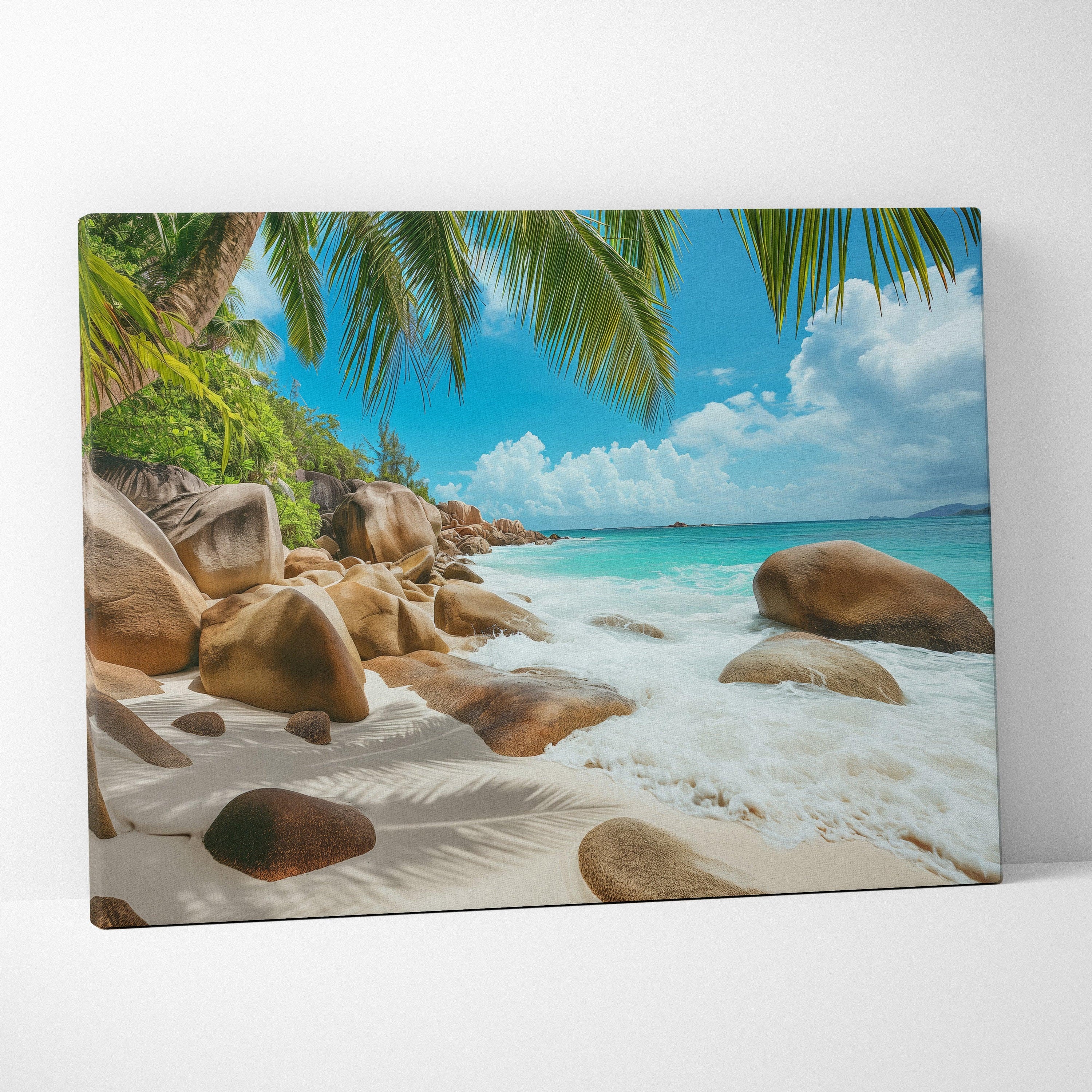 Seychelles Beach Canvas Wall Art: Serene Sunlit Shores and Golden Sand