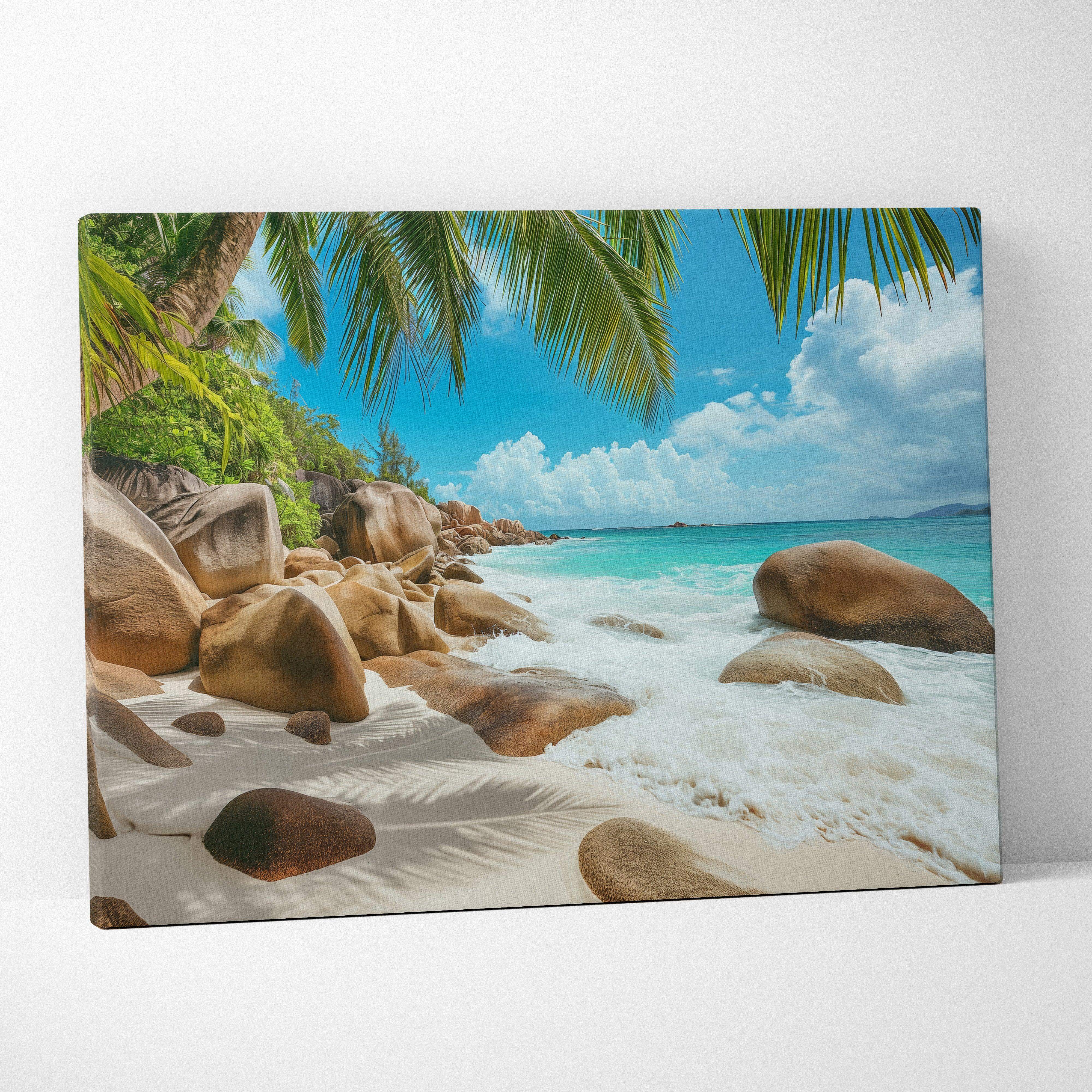 Beige canvas print of Seychelles tropical beach with turquoise water and sunlit sand