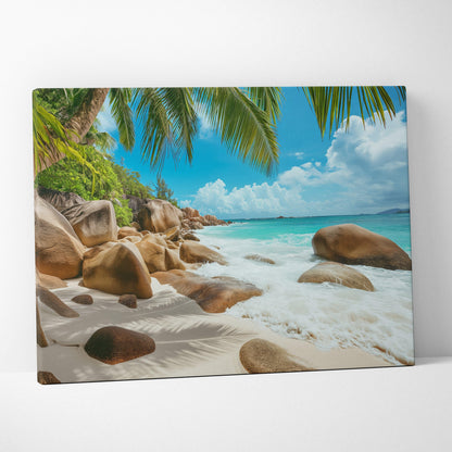 Seychelles Beach Canvas Wall Art: Serene Sunlit Shores and Golden Sand