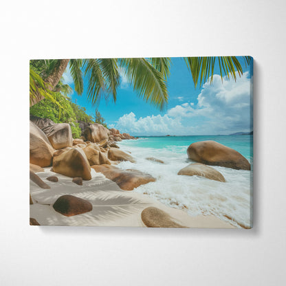 Seychelles Beach Canvas Wall Art: Serene Sunlit Shores and Golden Sand