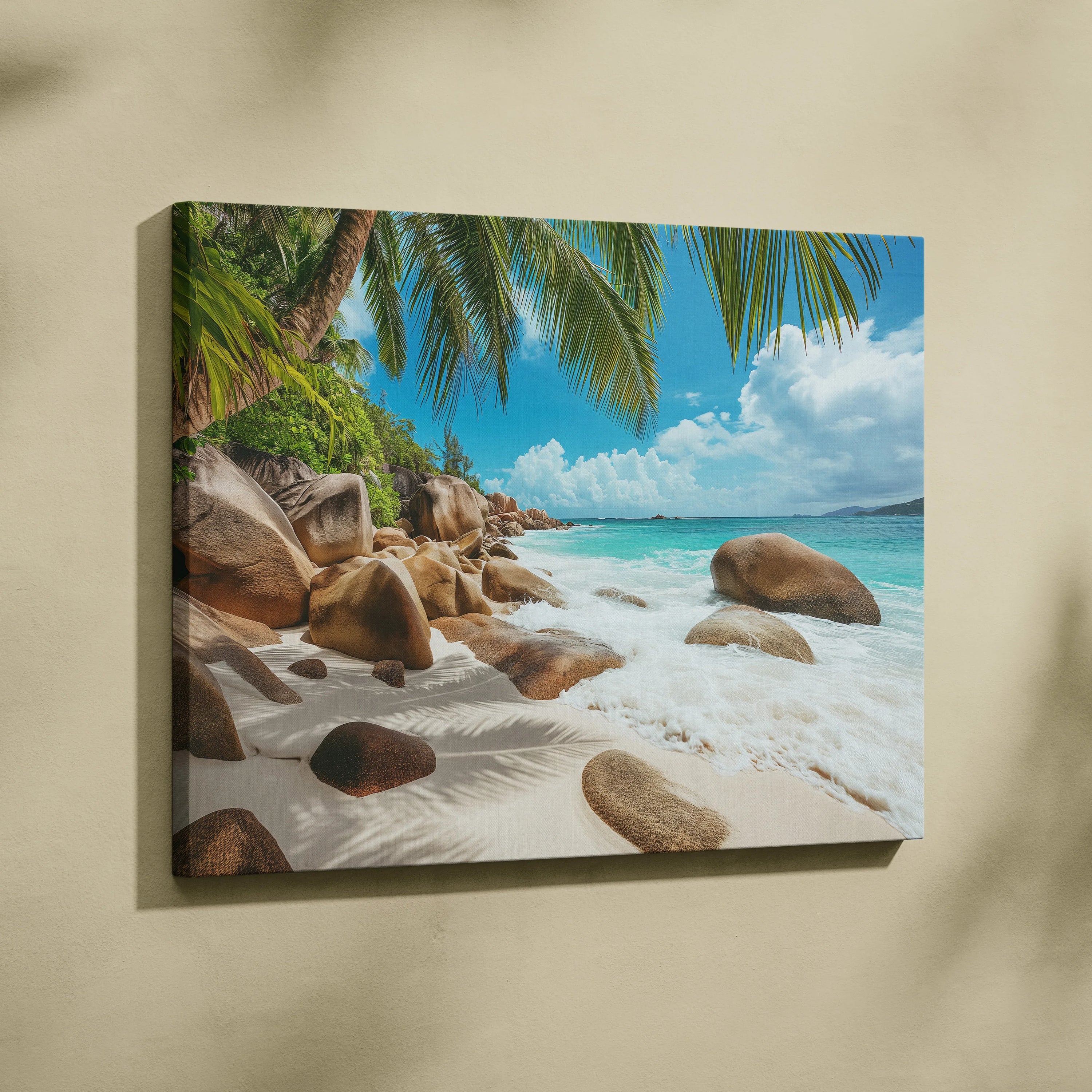 Seychelles Beach Canvas Wall Art: Serene Sunlit Shores and Golden Sand