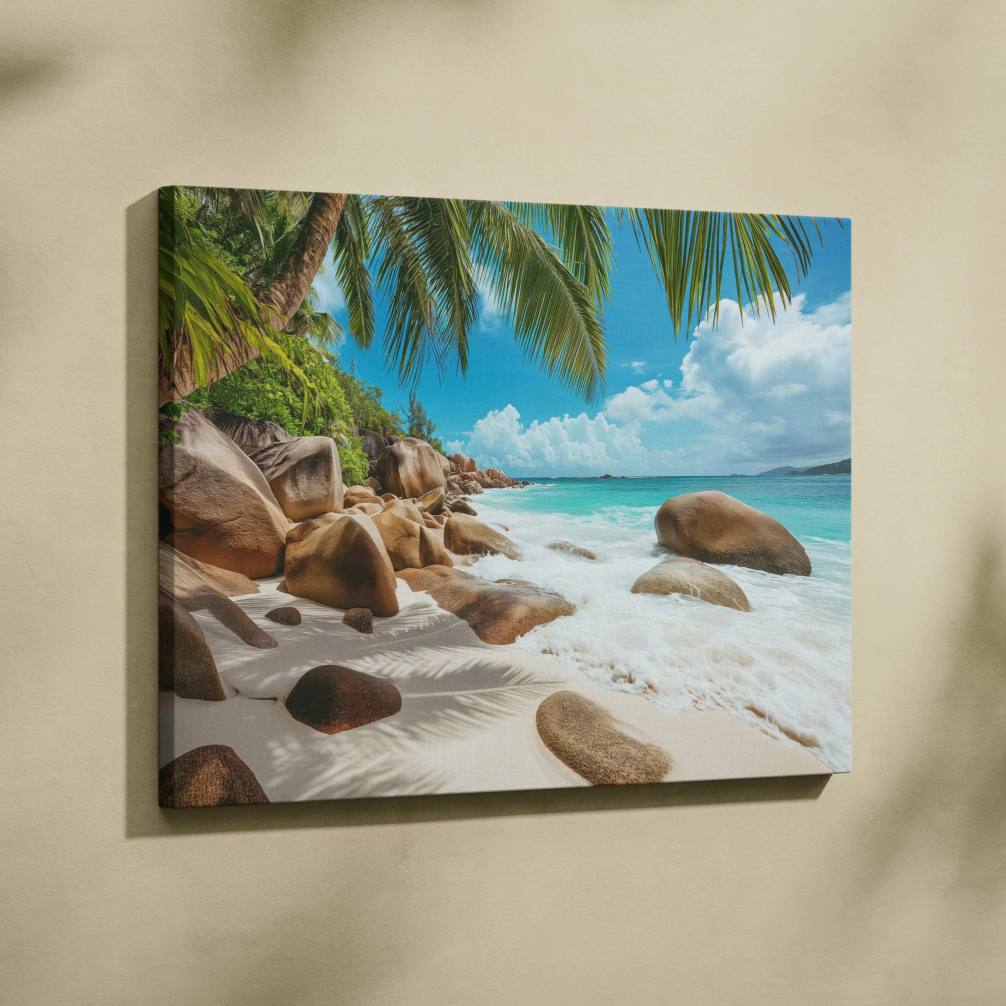 Beige canvas wall art of Seychelles tropical beach with turquoise water, palms