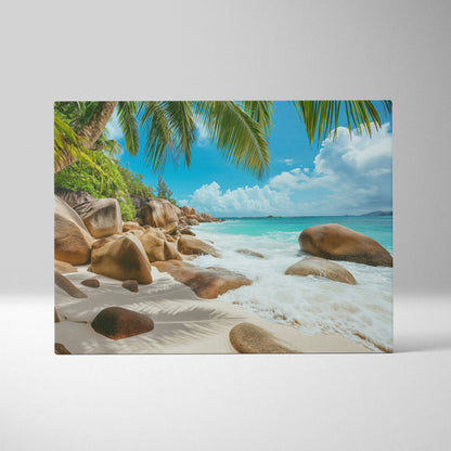 Seychelles Beach Canvas Wall Art: Serene Sunlit Shores and Golden Sand