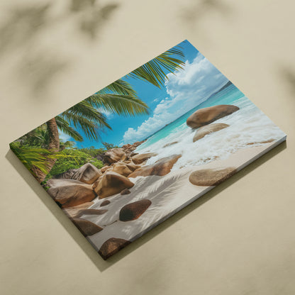 Seychelles Beach Canvas Wall Art: Serene Sunlit Shores and Golden Sand