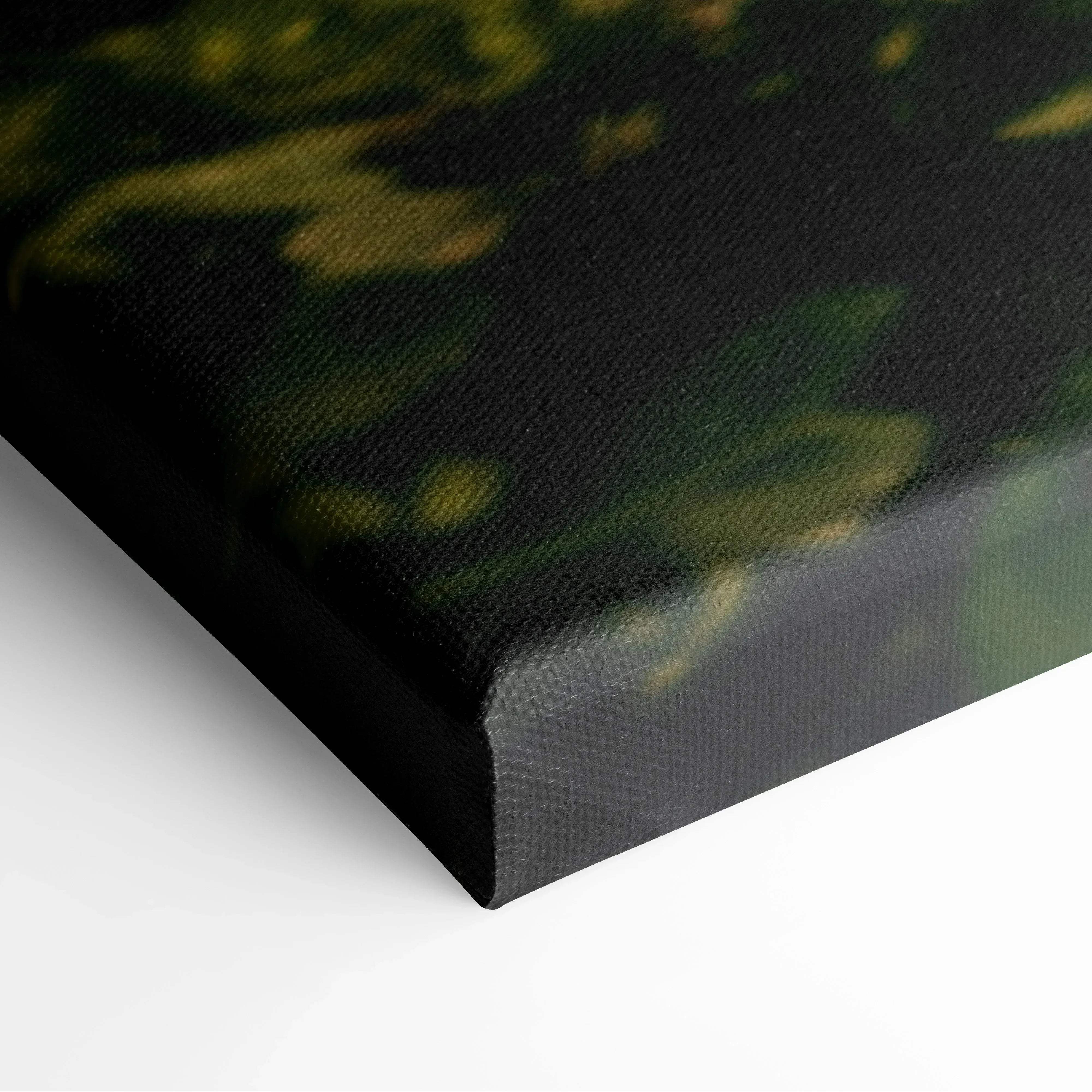Black canvas print of blurred tropical beach with palm trees in green yellow hues