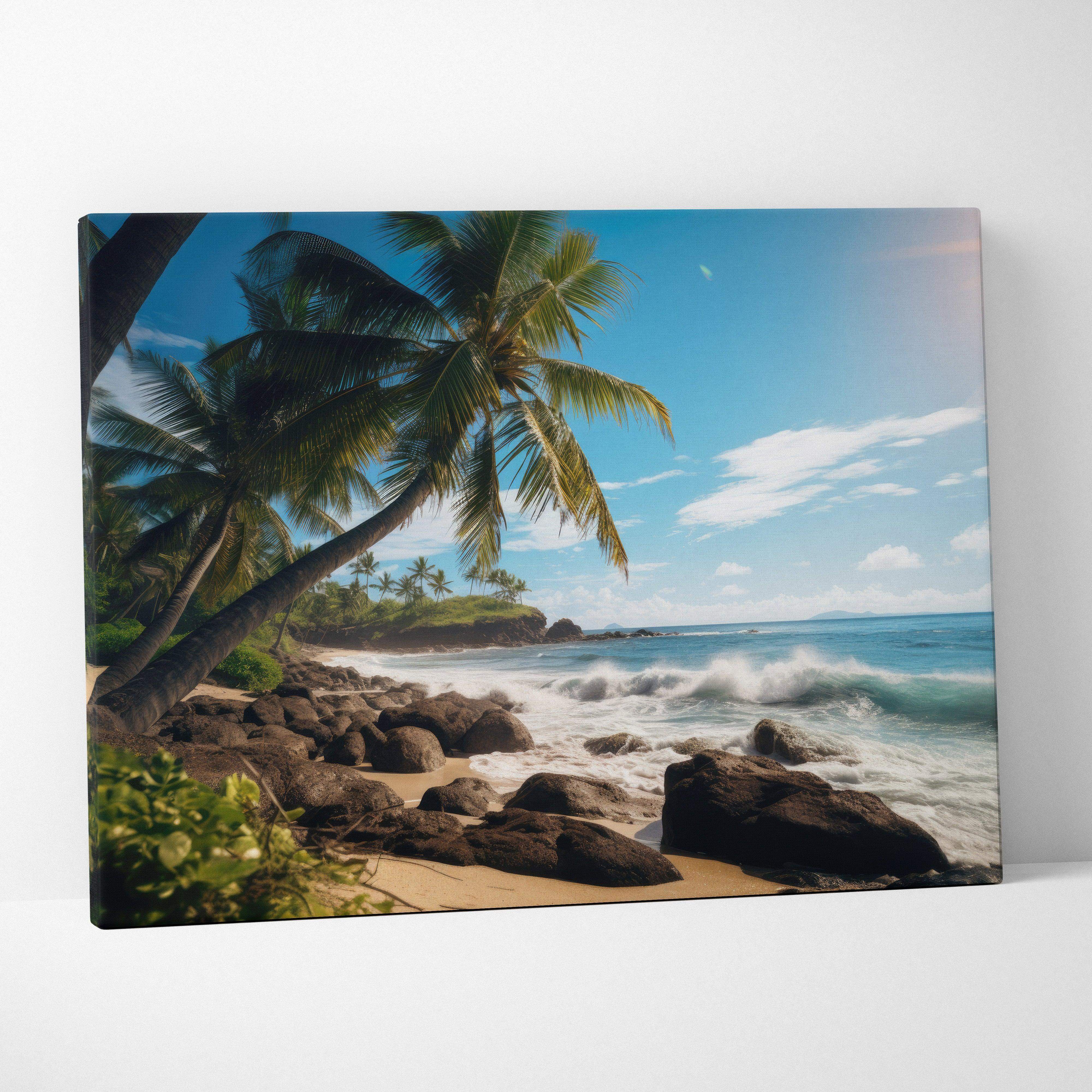 Canvas print of tropical beach with palm trees, turquoise waves on rocks