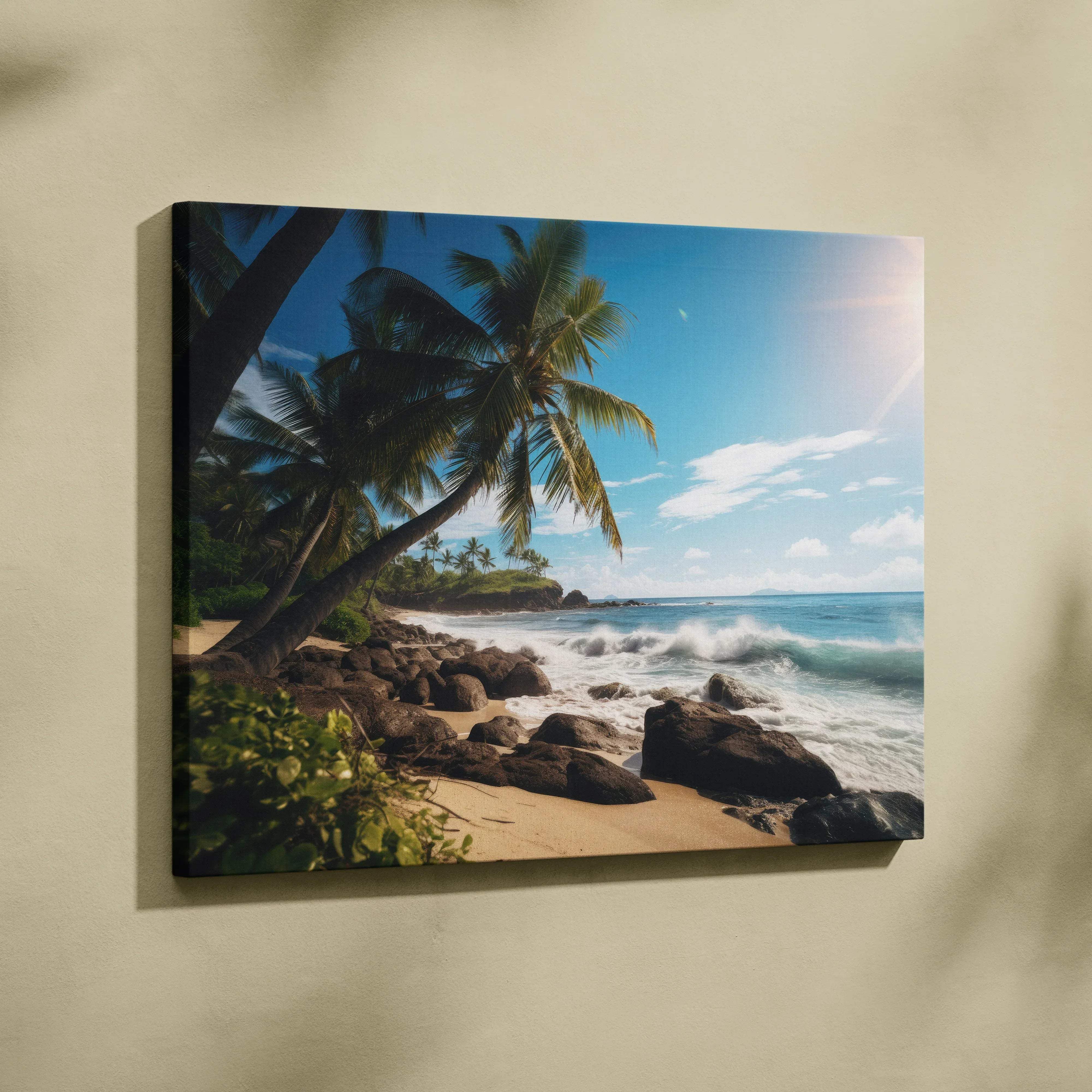 Beige-framed canvas print of tropical beach with palm trees and turquoise waves