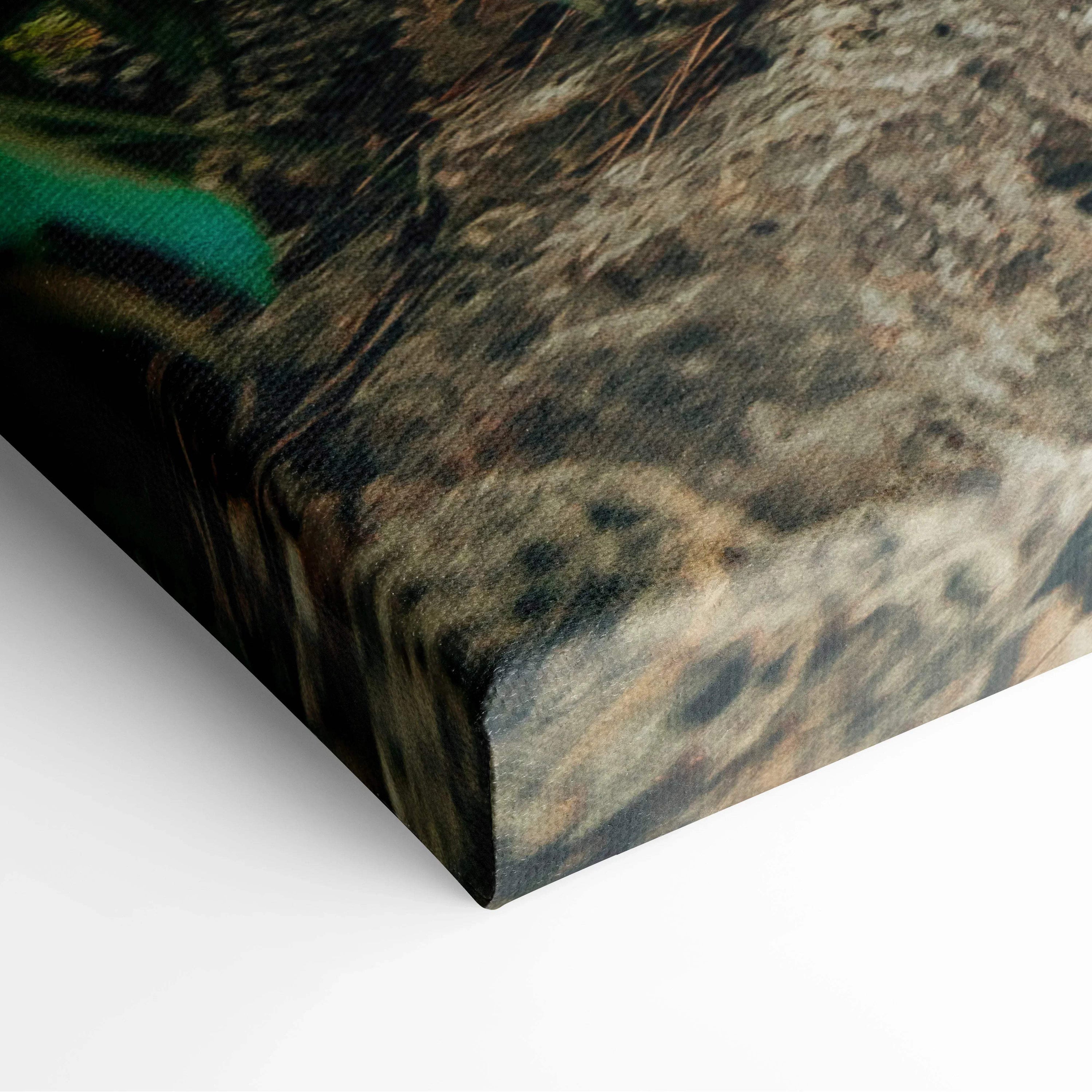 Close-up of textured canvas wall art featuring detailed architectural elements in muted, earthy tones.