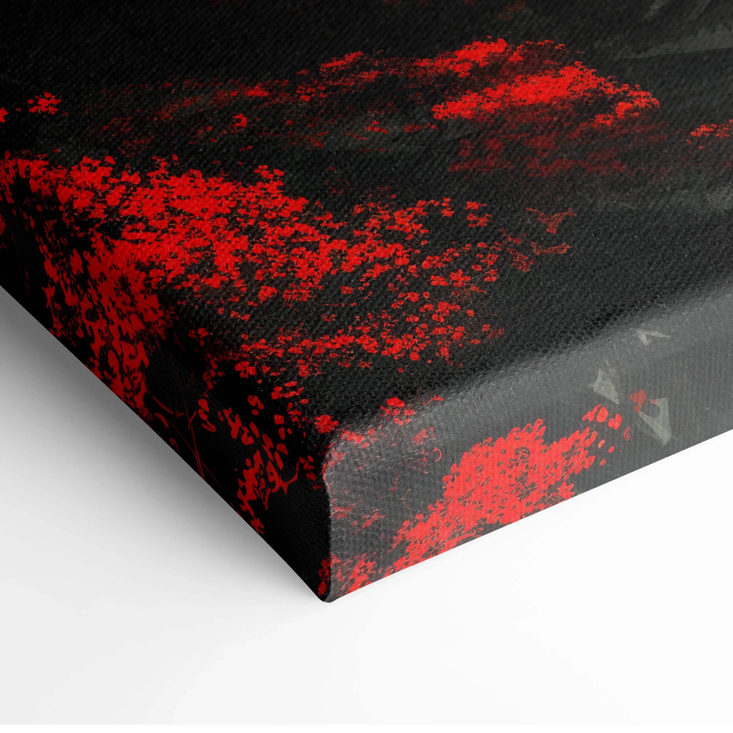 Black canvas wall art with bold red splatter and misty Chinese houses moon