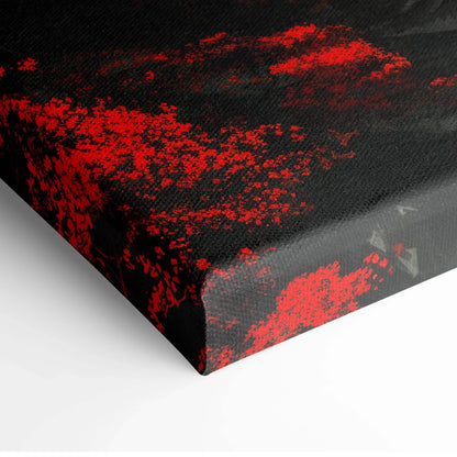 Black canvas wall art with bold red splatter and misty Chinese houses moon