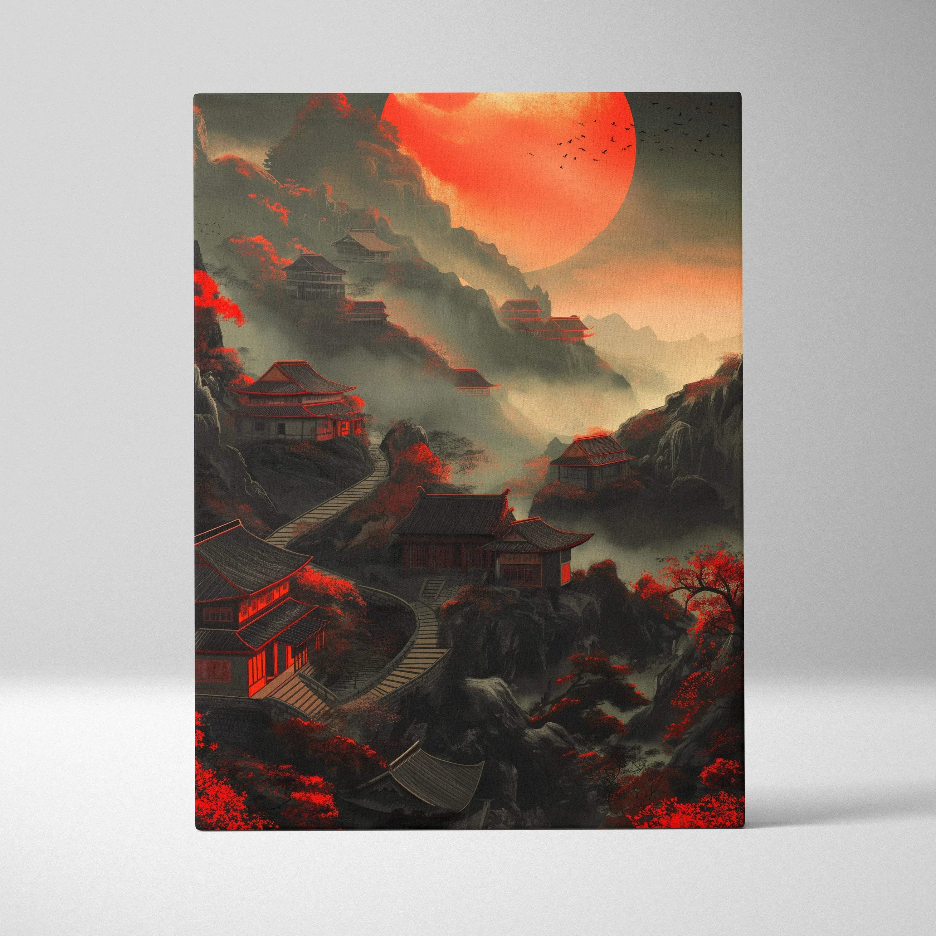 Canvas print of Chinese houses, path, large red moon in misty mountain twilight