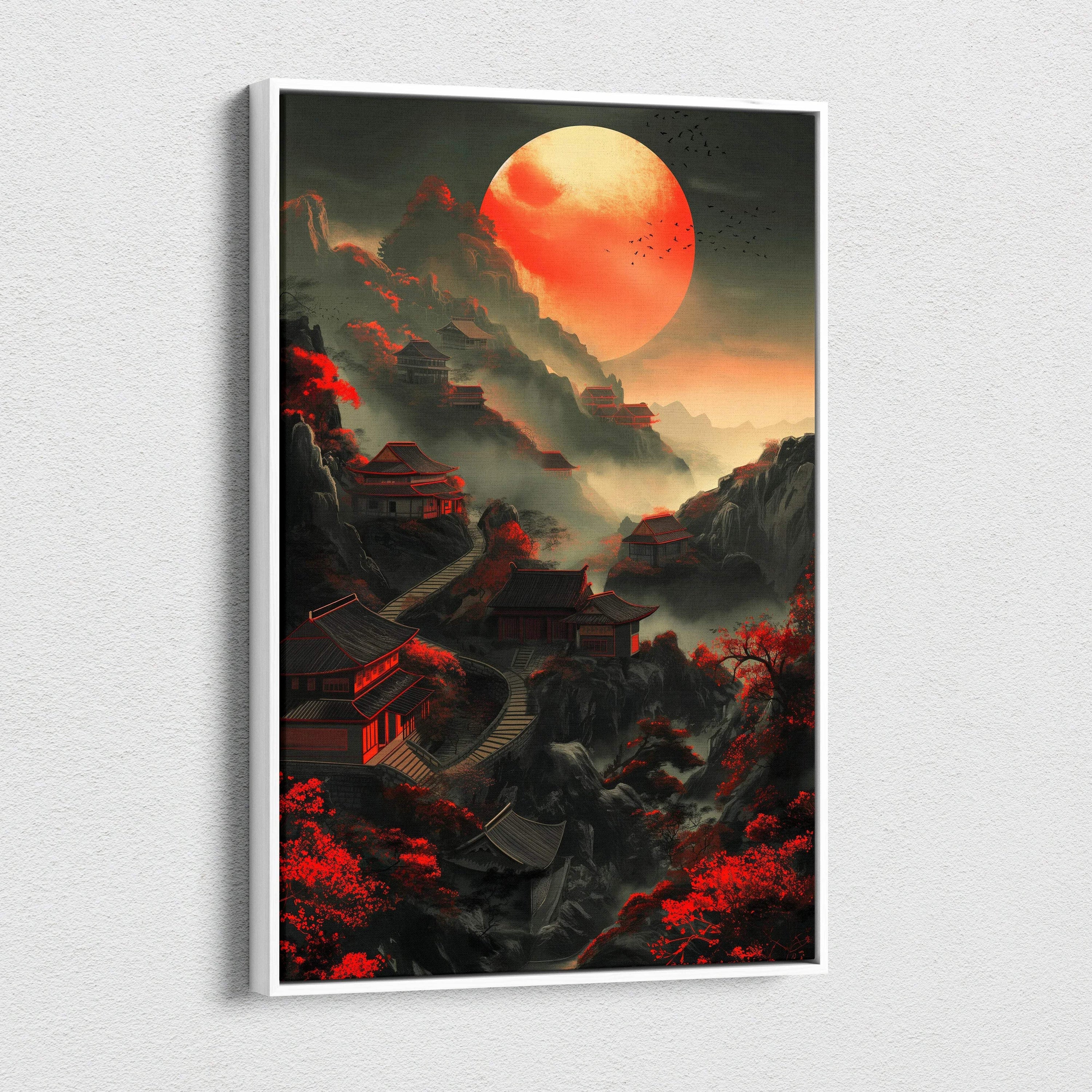 Framed canvas wall art of Chinese houses, path, misty twilight, red moon