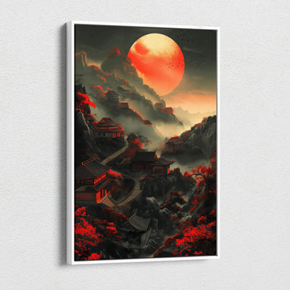 Framed canvas wall art of Chinese houses, path, misty twilight, red moon