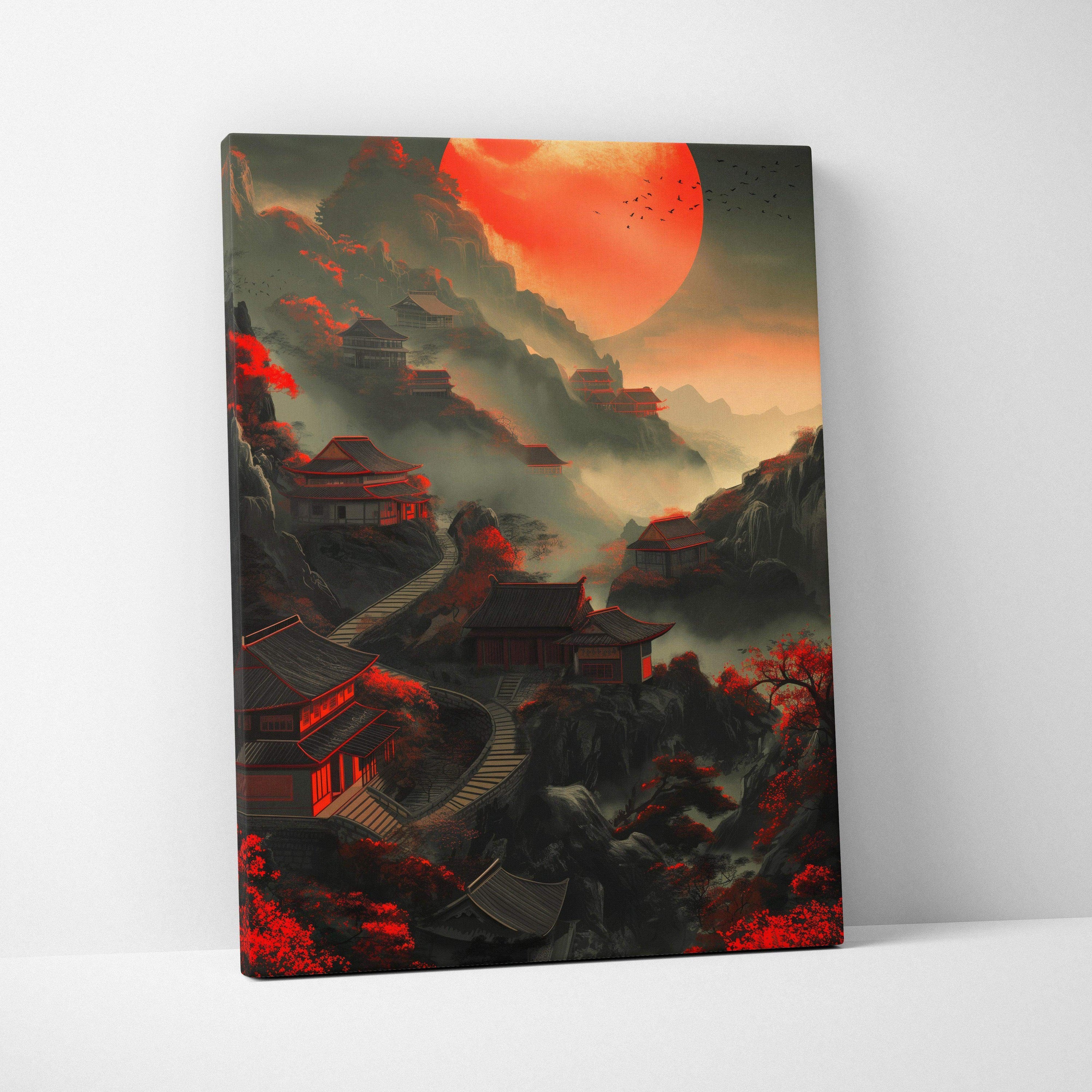 Mystical Chinese houses and path with large moon in misty twilight canvas art