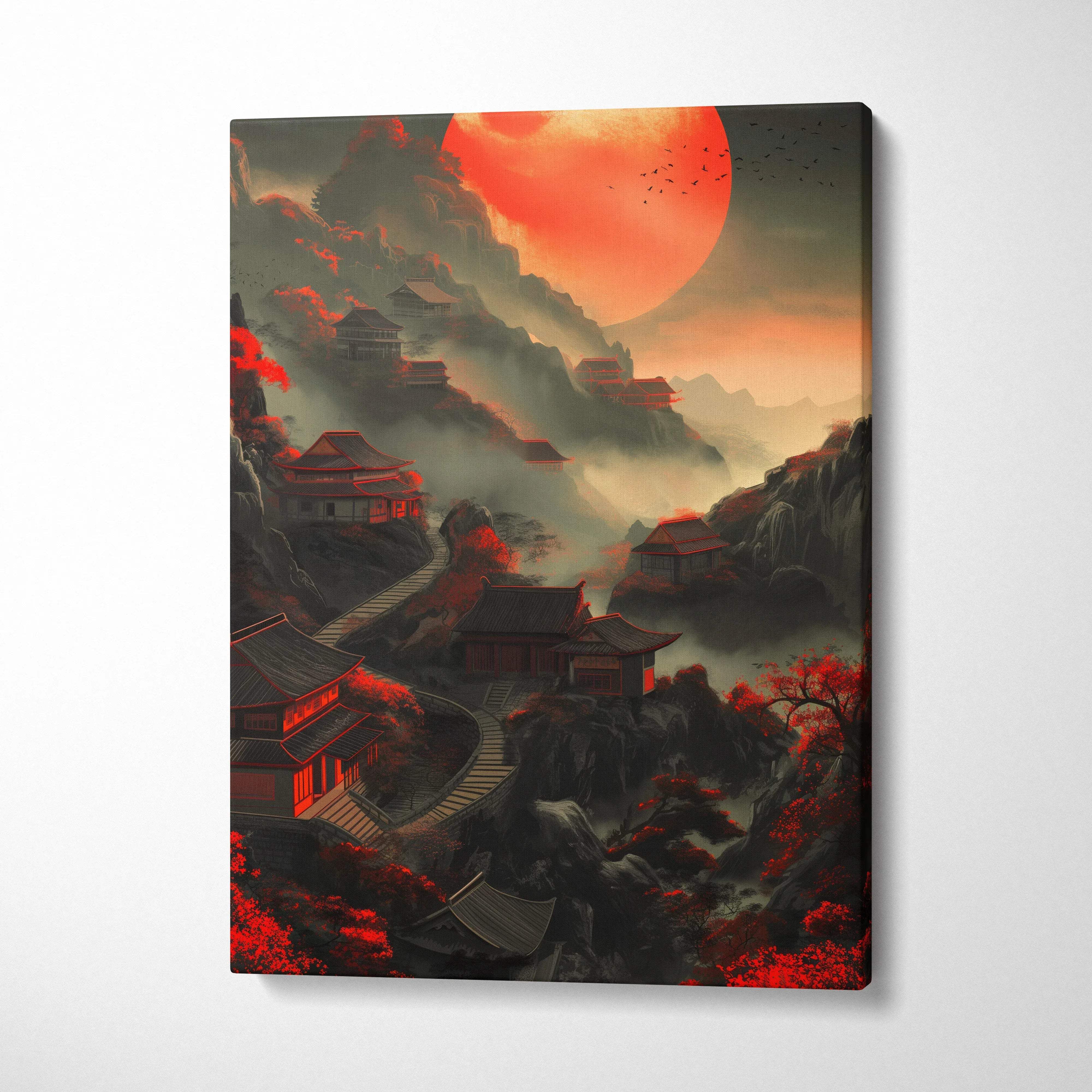 Mystical Chinese village canvas art with large orange moon in misty twilight