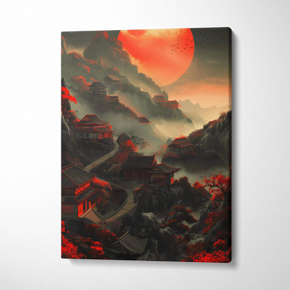 Mystical Chinese village canvas art with large orange moon in misty twilight